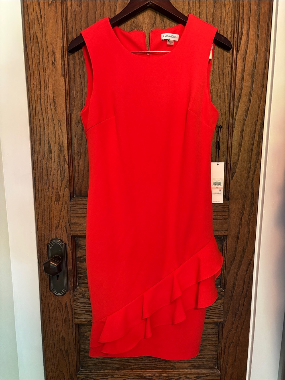 Calvin Klein Bright Red Sleeveless Ruffle Midi Dress